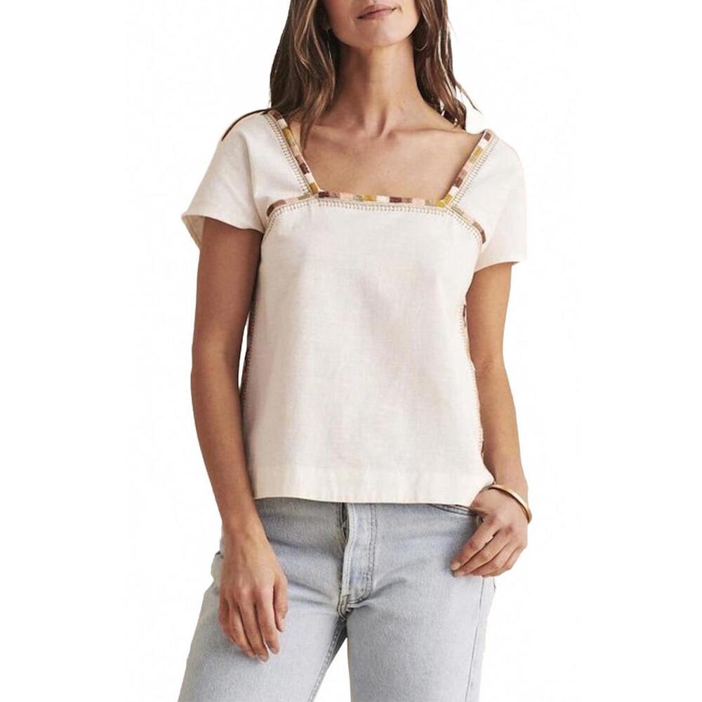 Faherty Short Sleeve Square Neck Top with Button Back
